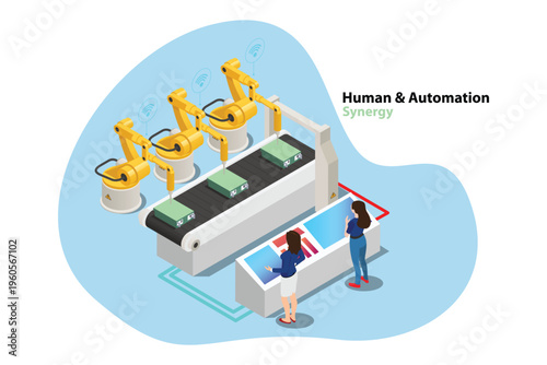 Isometric Industry 4.0 Smart Factory with Autonomous Mobile Robots AMR, Engineers and Investors Monitoring IoT Automation, Isometric Isolated on white background
