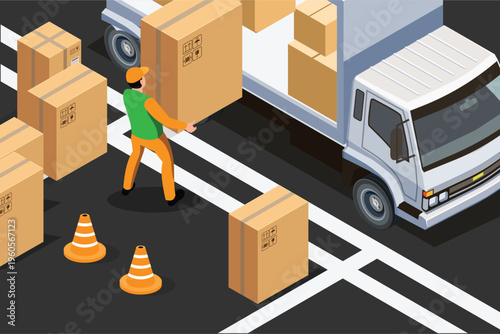 Isometric of workers loading boxes onto pallets into cargo containers. Shipping and Logistics, Storage and Trucking, Transportation Industry, Shipping and Logistics