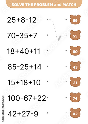 Solve the problem and match. Bear. Addition and subtraction. Educational preschool game for kids. Cartoon, isolated vector illustration eps 10