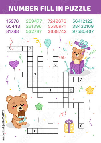 Number fill in puzzle. Happy bears. Crossword with numbers. Attention game for kids. Cartoon, isolated vector illustration eps 10