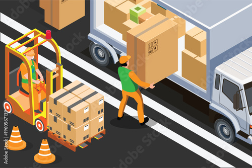Isometric of workers loading boxes onto pallets into cargo containers. Shipping and Logistics, Storage and Trucking, Transportation Industry, Shipping and Logistics