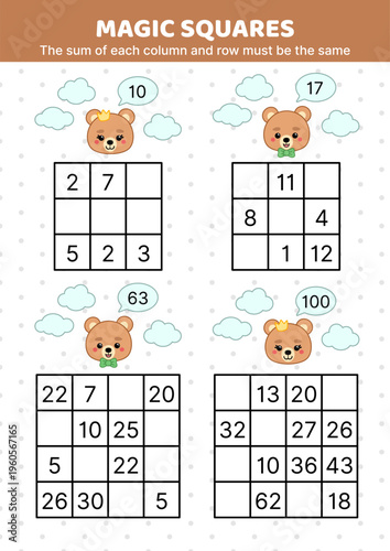 Bear. Magic squares. Math puzzle game. The sum of each column and row must be the same. Fill in the missing numbers. Educational attention game for kids. Isolated vector illustration eps 10