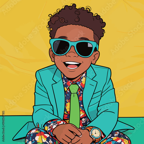 Child with curly hair wearing sunglasses and a colorful suit smiles while sitting on a green surface against a yellow background