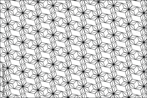 Japanese asanoha pattern vector, traditional hemp leaf geometric motif, black and white seamless oriental background for textile and paper design