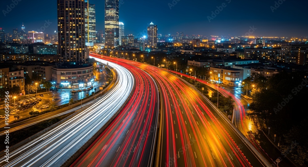 Obraz premium Endless streams of headlights sweep around a broad bend in the freeway, wrapping glowing bands of white and crimson light around clusters of high‑rise towers that watch quietly over the sprawling city