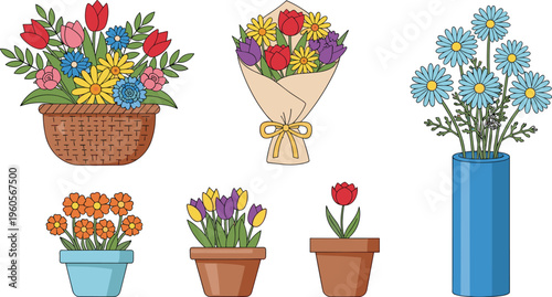 Colorful flower arrangements set with bouquets and potted plants decorative vector illustration for garden home decor and floral design