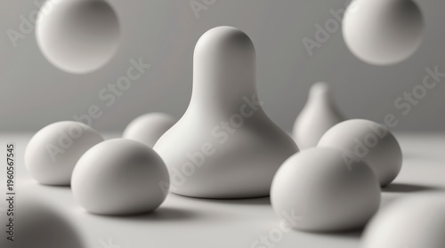 Abstract 3D rendered composition of smooth white organic shapes and spheres floating in soft studio lighting creating minimalist modern art background for design