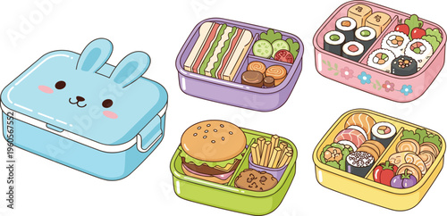 Cute lunch box set with sandwiches sushi burger and snacks colorful cartoon vector illustration for kids school meal and food design