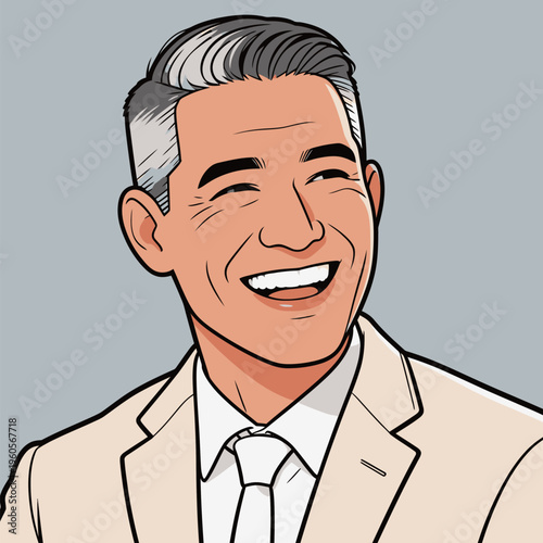 Man with gray hair smiles happily while wearing a suit and tie in a simple setting with a light background
