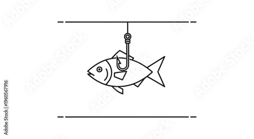 Simple outline vector drawing showing a fish ensnared by a sharp fishing hook design