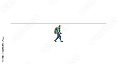 Minimalist illustration of a solitary traveler with a green backpack walking along a clear path
