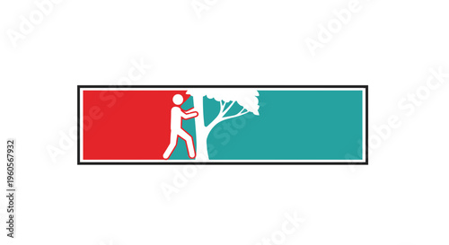 Minimalist graphic representing human engagement with a tree on a split color background