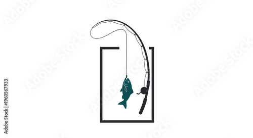Minimalist graphic illustration of a fishing rod with a hooked fish inside a clean geometric frame
