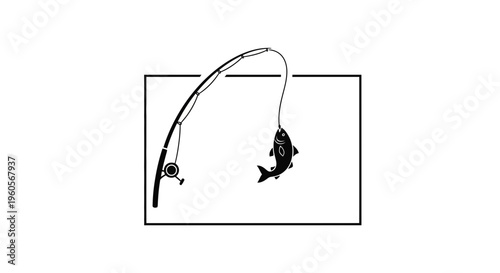 Minimalist black and white icon illustration of a fishing rod with a hooked fish inside a frame