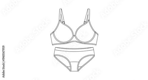 Detailed line art vector illustration of a women's lingerie set featuring a bra and matching briefs