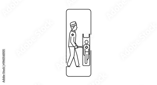 Illustration of a healthcare provider meticulously transporting an individual on a gurney within a