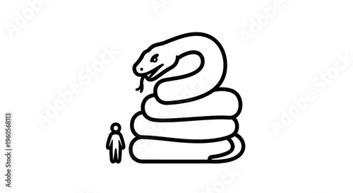 Illustrative concept of immense scale featuring a colossal coiled serpent next to a small human