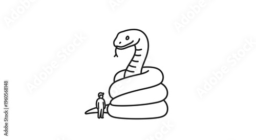 A small person observes a giant friendly coiled snake in a minimalist line art illustration