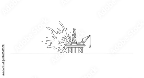 Minimalist line art illustration of an offshore oil drilling rig with a powerful oil gush