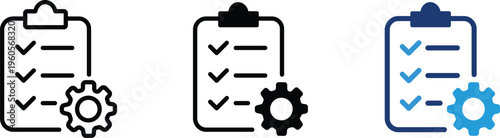 Project management checklist icons with gear symbol, business task list with checkmarks, technical settings clipboard vector set