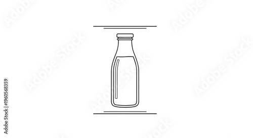 Minimalist black line drawing of a classic glass bottle for beverages or dairy products, clean