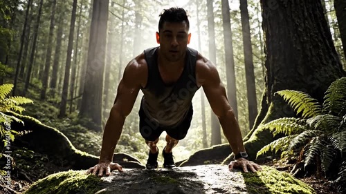 Man Doing Push Ups in Forest Sunlight Fitness Exercise.