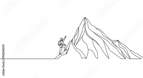 Minimalist artwork depicting a mountaineer's challenging ascent towards a towering summit