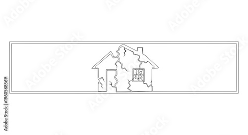 One Line Illustration of a Collapsing Residential Building with Cracks and Damage