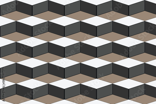 Geometric isometric cube pattern, seamless 3D block background in brown and grey, modern architectural texture for flooring and wallpaper