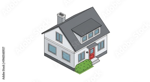 Small white house with red door.