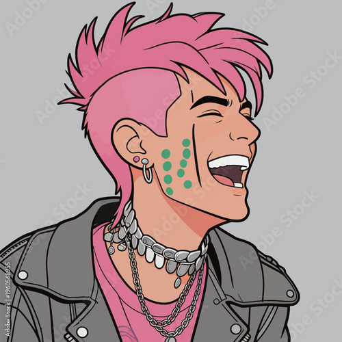 Young person with pink hair laughing while wearing a leather jacket and jewelry in a simple background during the day