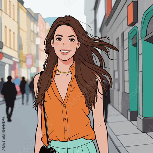 Woman walks on a busy street wearing an orange shirt and light skirt during the day in an urban area filled with people and shops