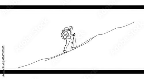 A minimalist continuous line drawing depicting a determined hiker ascending a steep path towards