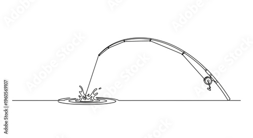 Continuous line art illustrating a bent fishing rod with a splash in the water, depicting a