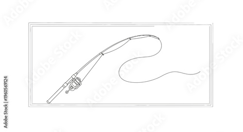 Minimalist line art illustration of a fishing rod with reel and flowing line ready for a peaceful