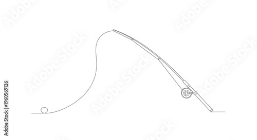 Simple continuous line art of a fishing rod with a bent tip, ready for a day of outdoor angling