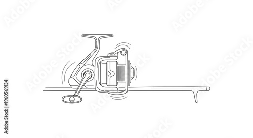 Detailed line art illustration of a modern spinning fishing reel on a rod for angling adventures