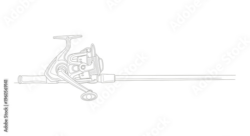 Detailed vector outline illustration of a modern fishing rod and spinning reel for angling