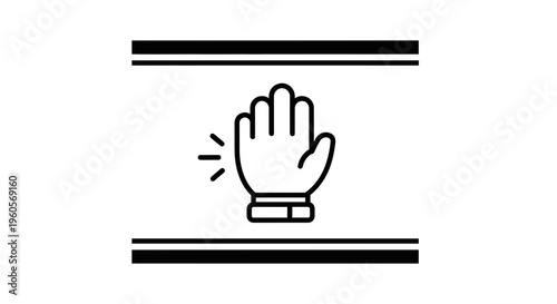 Minimalist outline icon depicting a hand signaling stop or alert, framed by horizontal lines for