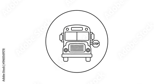 Minimalist school bus vector icon with stop sign in circular frame illustrating safe student