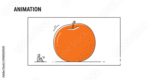A minimalist scene depicting a small figure observing an impossibly large, vibrant orange fruit,