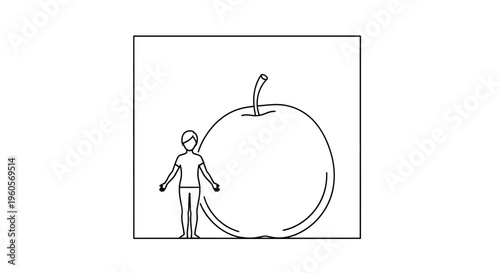 Minimalist outline drawing depicting a small human figure next to an incredibly large fruit