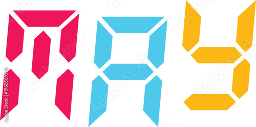 Colorful 7 segment display font spelling out the word "may" on a transparent background, vector illustration.