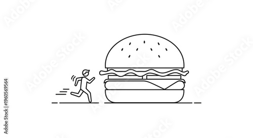 A minimalist depiction of a determined tiny figure eagerly pursuing an immense classic hamburger