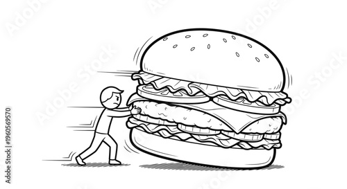Determined stick figure struggles to push an enormous, towering multilayered hamburger across the