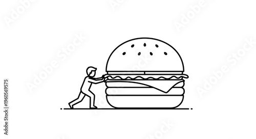 Small character pushing an immense hamburger, symbolizing overcoming significant challenges and