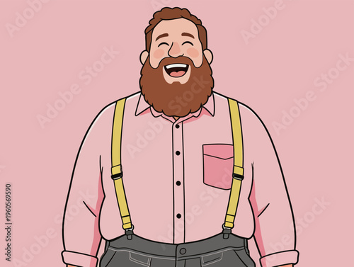 Man with beard smiles in front of pink background wearing shirt and suspenders