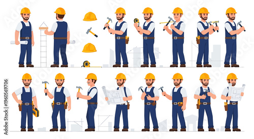 Collection of construction workers in uniform holding tools and blueprints for building projects