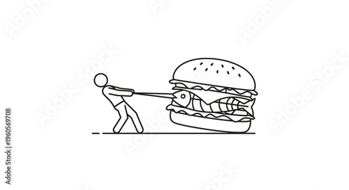Determined stick figure pulling an oversized fish burger across the ground, symbolizing dietary