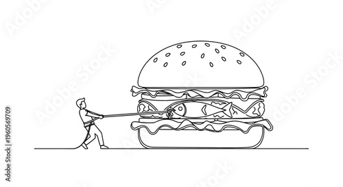 Dedicated individual's persistent struggle pulling an immense fish burger with a rope illustration